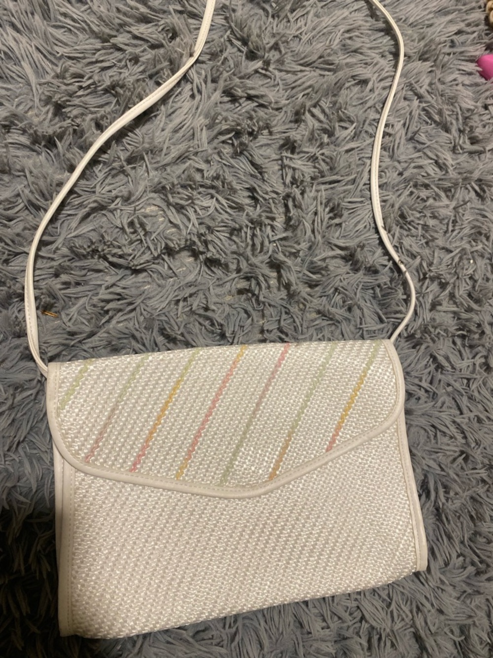 White Woven Crossbody Bag with Pastel Stripe Accent by bag Bazaar